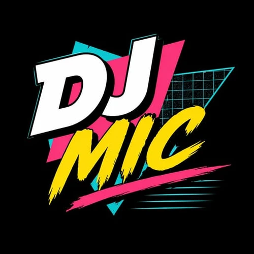 DJ MIC – Logo im 80er-Retro-Stil mit pinker und cyanfarbener Akzentlinie